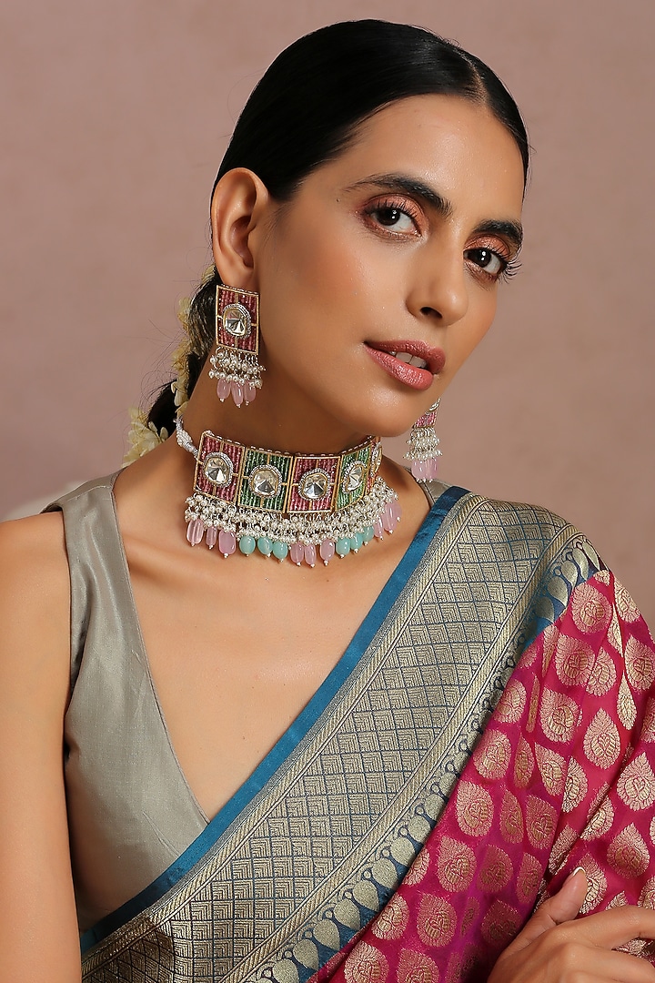 Gold Finish Choker Necklace Set by Swabhimann Jewellery at Pernia's Pop Up Shop