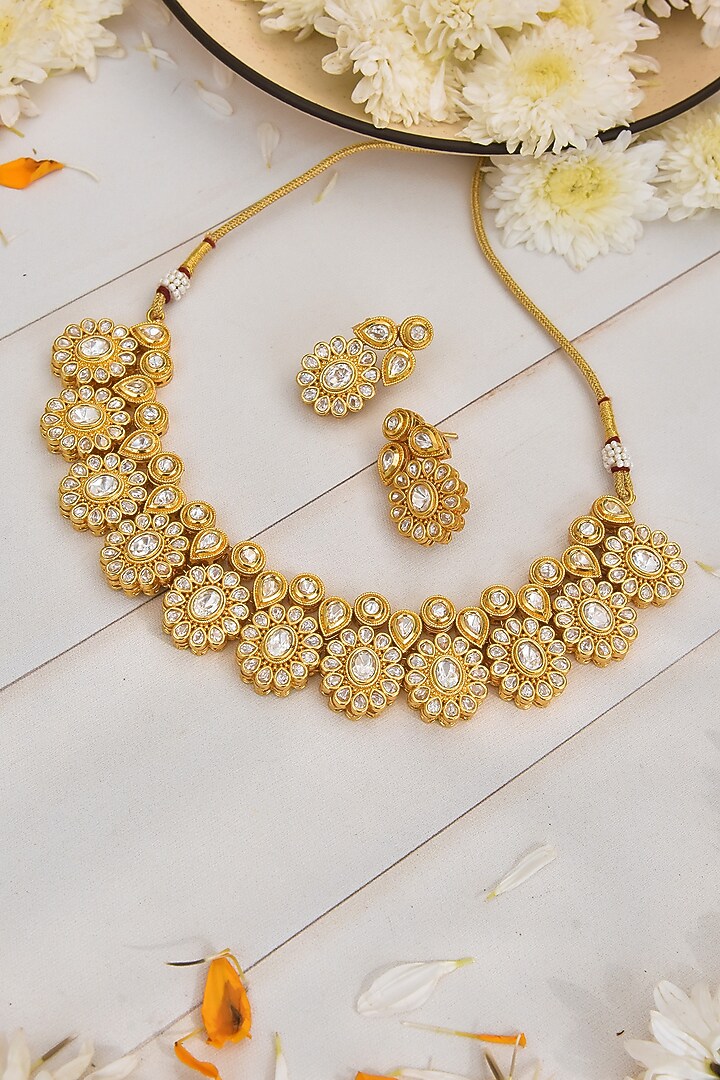 Gold Finish Handcrafted Kundan Polki Choker Necklace Set by Swabhimann Jewellery at Pernia's Pop Up Shop