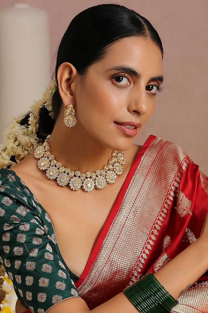Gold Finish Handcrafted Kundan Polki Choker Necklace Set by Swabhimann Jewellery at Pernia's Pop Up Shop