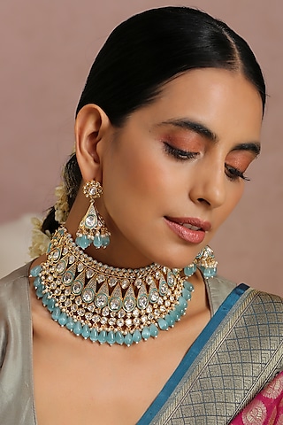 Gold Finish Choker Necklace Set With Kundan Polki by Swabhimann Jewellery
