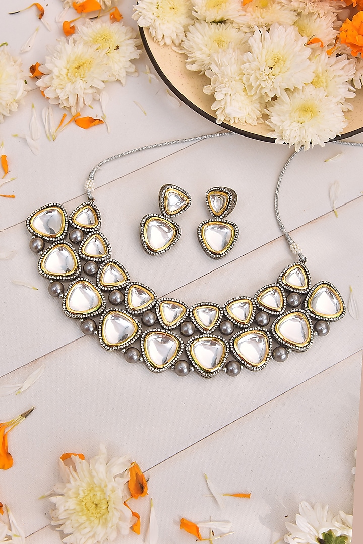 Black Rhodium Finish Kundan Polki Necklace Set by Swabhimann Jewellery at Pernia's Pop Up Shop