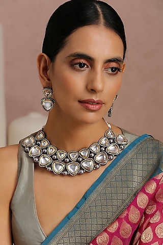 Black Rhodium Finish Kundan Polki Necklace Set by Swabhimann Jewellery