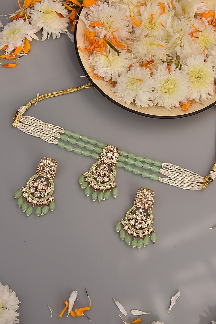 Gold Finish Kundan Choker Necklace Set by Swabhimann Jewellery at Pernia's Pop Up Shop