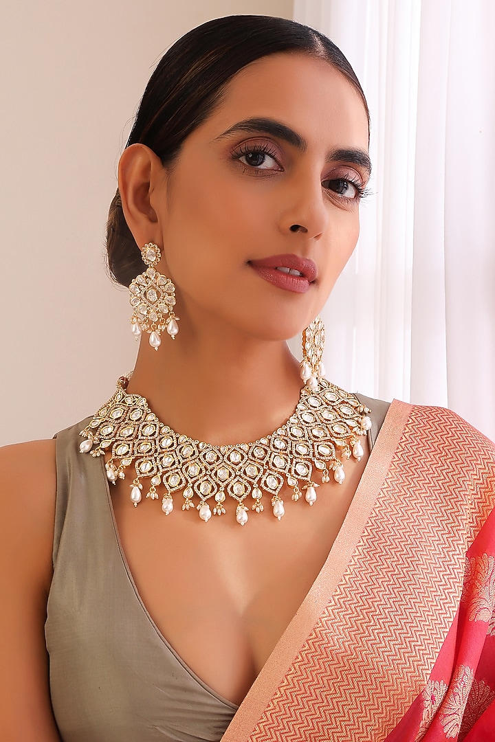 Gold Finish Kundan Polki Handmade Necklace Set by Swabhimann Jewellery at Pernia's Pop Up Shop
