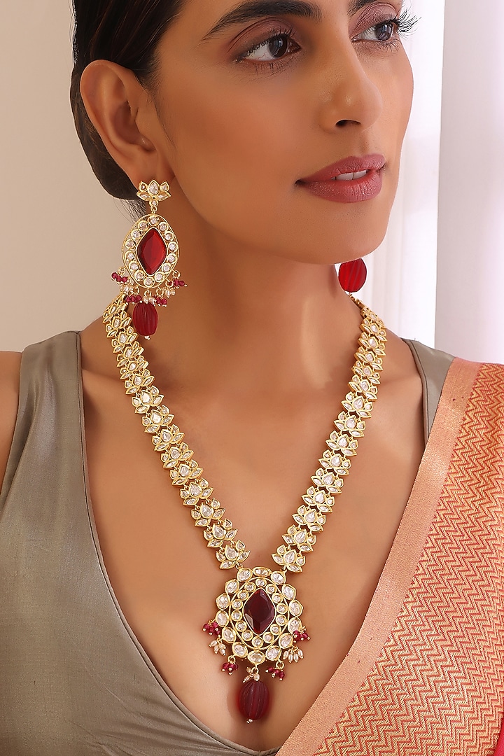 Gold Finish Kundan Polki & Red Stone Long Necklace Set by Swabhimann Jewellery at Pernia's Pop Up Shop