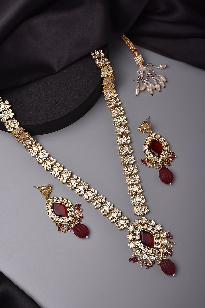 Gold Finish Kundan Polki & Red Stone Long Necklace Set by Swabhimann Jewellery at Pernia's Pop Up Shop