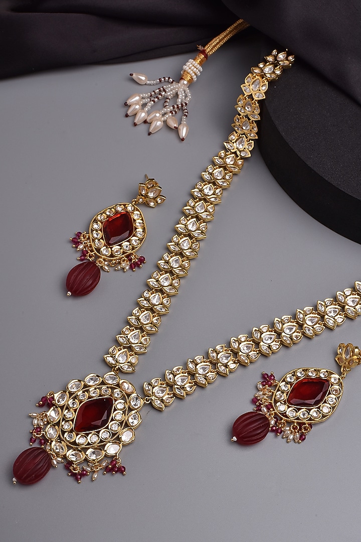 Gold Finish Kundan Polki & Red Stone Long Necklace Set by Swabhimann Jewellery at Pernia's Pop Up Shop