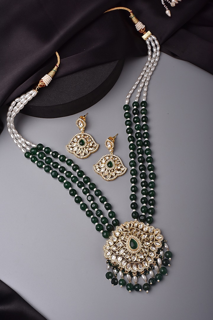 Gold Finish Kundan Polki & Green Stone Long Necklace Set by Swabhimann Jewellery at Pernia's Pop Up Shop