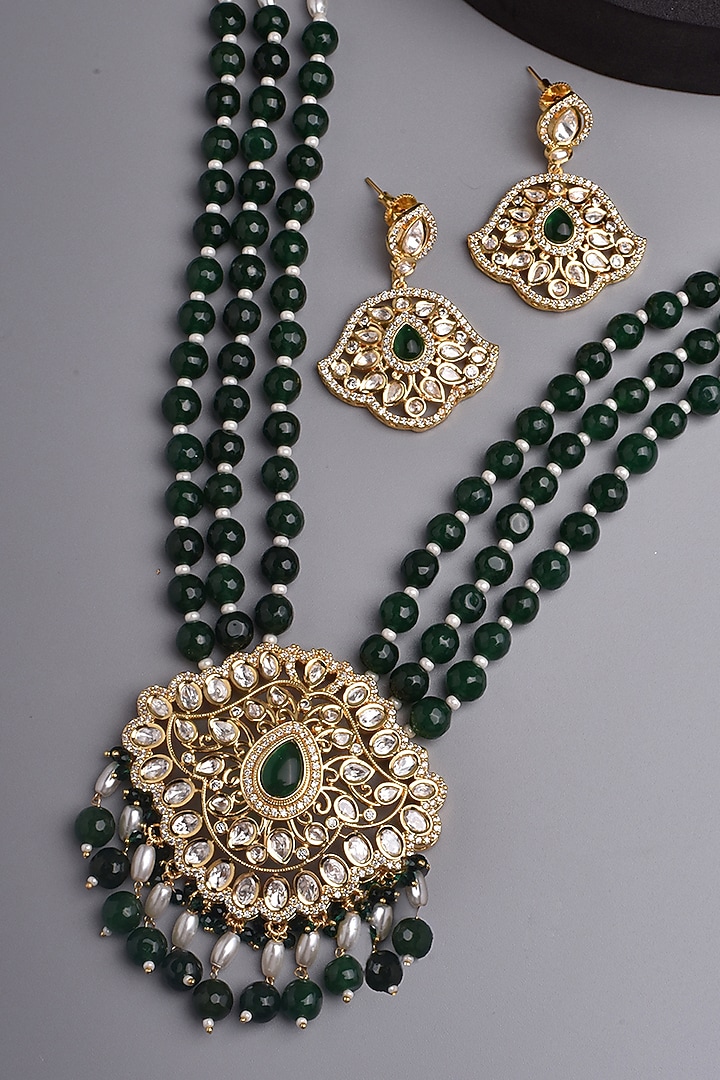 Gold Finish Kundan Polki & Green Stone Long Necklace Set by Swabhimann Jewellery at Pernia's Pop Up Shop