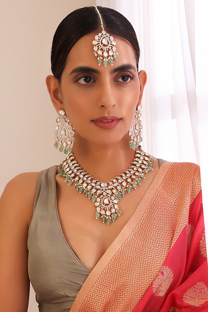 Rose Gold Finish Kundan Polki & Green Stone Necklace Set by Swabhimann Jewellery at Pernia's Pop Up Shop