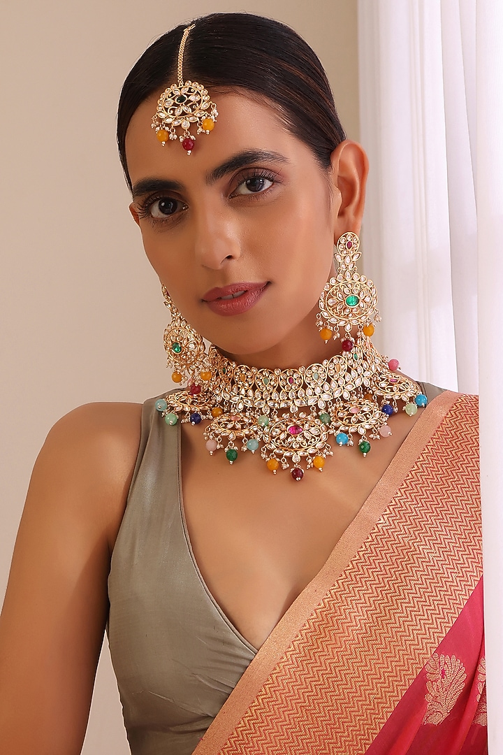 Rose Gold Finish Kundan Polki & Navratna Stone Choker Necklace Set by Swabhimann Jewellery at Pernia's Pop Up Shop