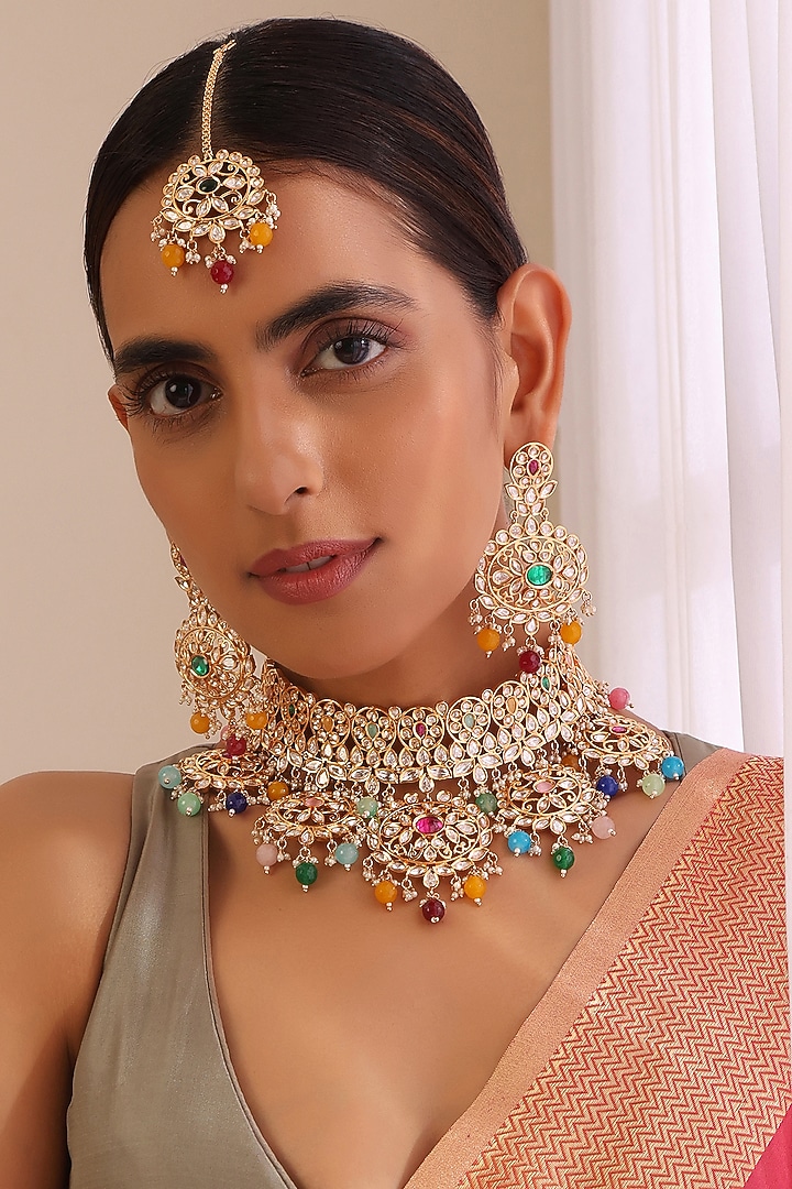 Rose Gold Finish Kundan Polki & Navratna Stone Choker Necklace Set by Swabhimann Jewellery at Pernia's Pop Up Shop