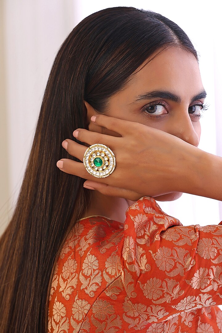 Gold Finish Kundan Polki & Green Stone Ring by Swabhimann Jewellery at Pernia's Pop Up Shop