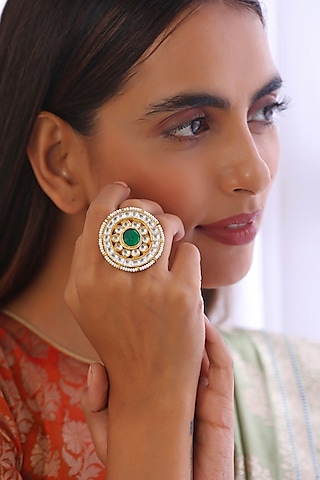 Gold Finish Kundan Polki & Green Stone Ring by Swabhimann Jewellery
