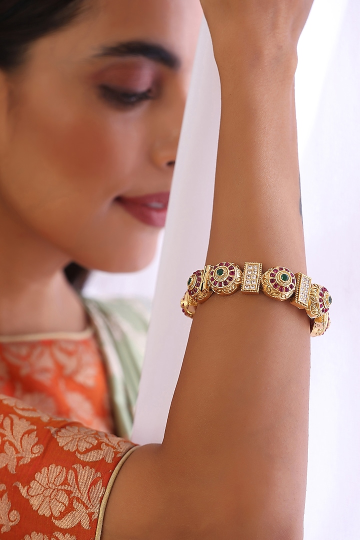 Gold Finish Red & Green Stone Kada by Swabhimann Jewellery at Pernia's Pop Up Shop