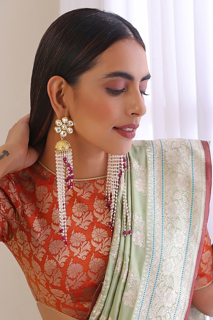 Gold Finish Kundan Polki Jhumka Earrings by Swabhimann Jewellery at Pernia's Pop Up Shop