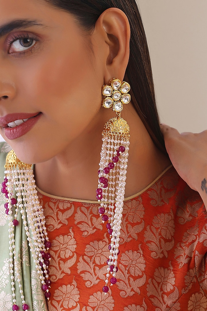 Gold Finish Kundan Polki Jhumka Earrings by Swabhimann Jewellery at Pernia's Pop Up Shop