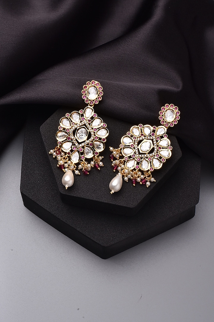 Gold Finish Kundan Polki Dangler Earrings by Swabhimann Jewellery at Pernia's Pop Up Shop