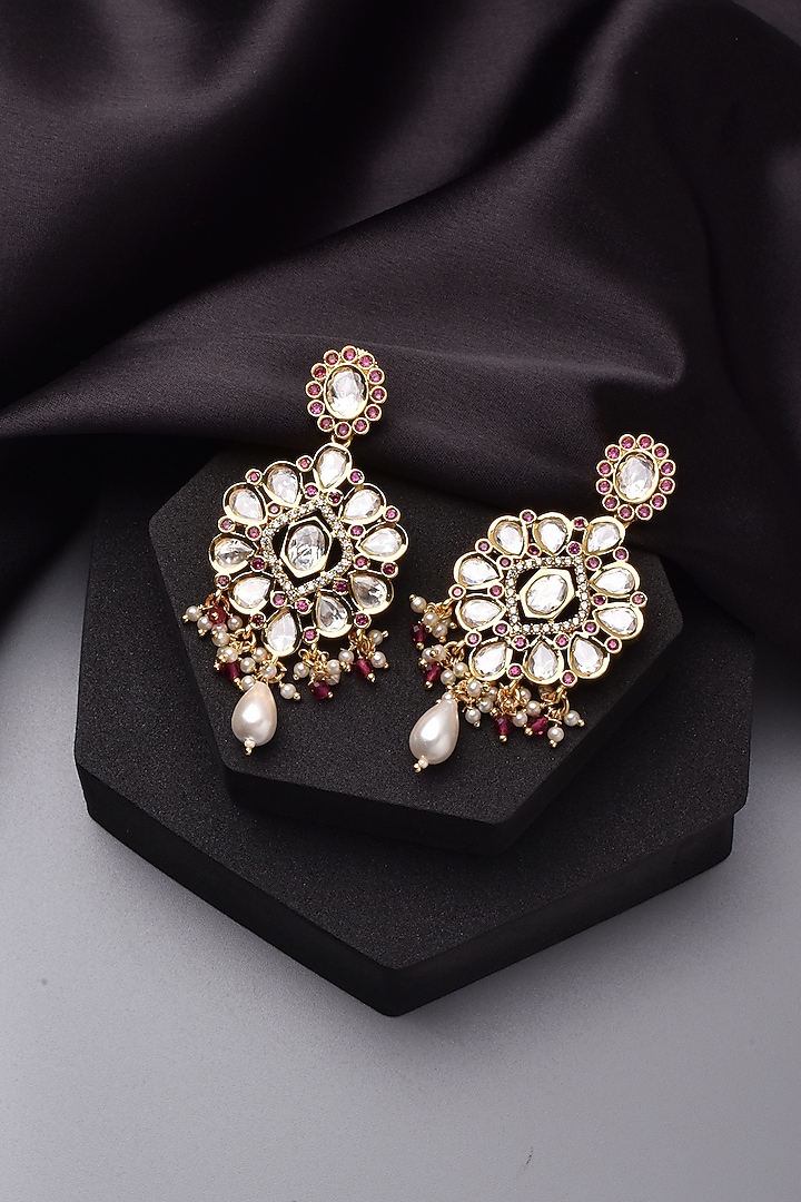Gold Finish Kundan Polki Dangler Earrings by Swabhimann Jewellery at Pernia's Pop Up Shop