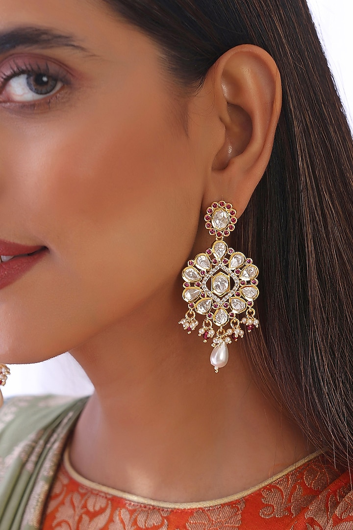 Gold Finish Kundan Polki Dangler Earrings by Swabhimann Jewellery at Pernia's Pop Up Shop