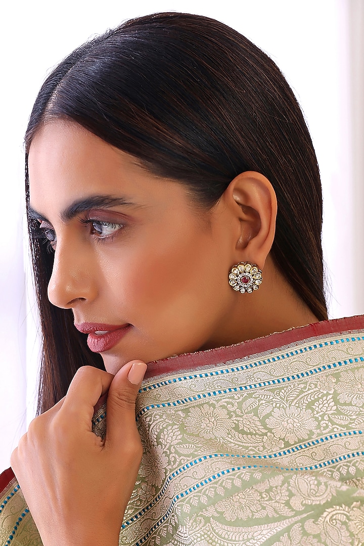 Two Tone Finish Kundan Polki & Red Stone Stud Earrings by Swabhimann Jewellery at Pernia's Pop Up Shop