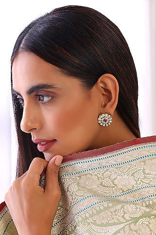 Two Tone Finish Kundan Polki & Red Stone Stud Earrings by Swabhimann Jewellery