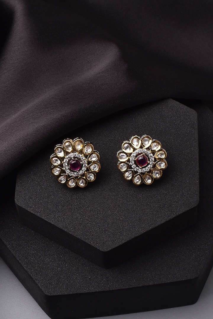Two Tone Finish Kundan Polki & Red Stone Stud Earrings by Swabhimann Jewellery at Pernia's Pop Up Shop