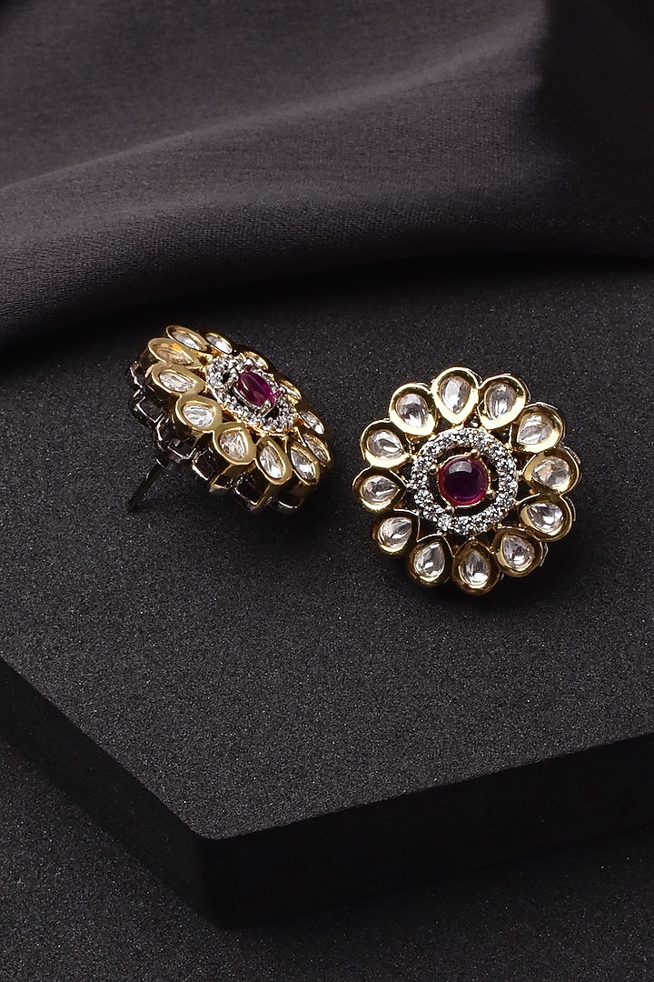 Two Tone Finish Kundan Polki & Red Stone Stud Earrings by Swabhimann Jewellery at Pernia's Pop Up Shop