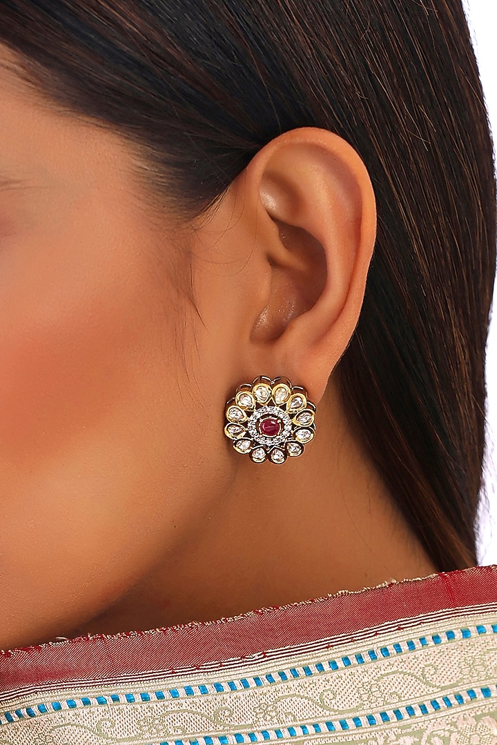 Two Tone Finish Kundan Polki & Red Stone Stud Earrings by Swabhimann Jewellery at Pernia's Pop Up Shop