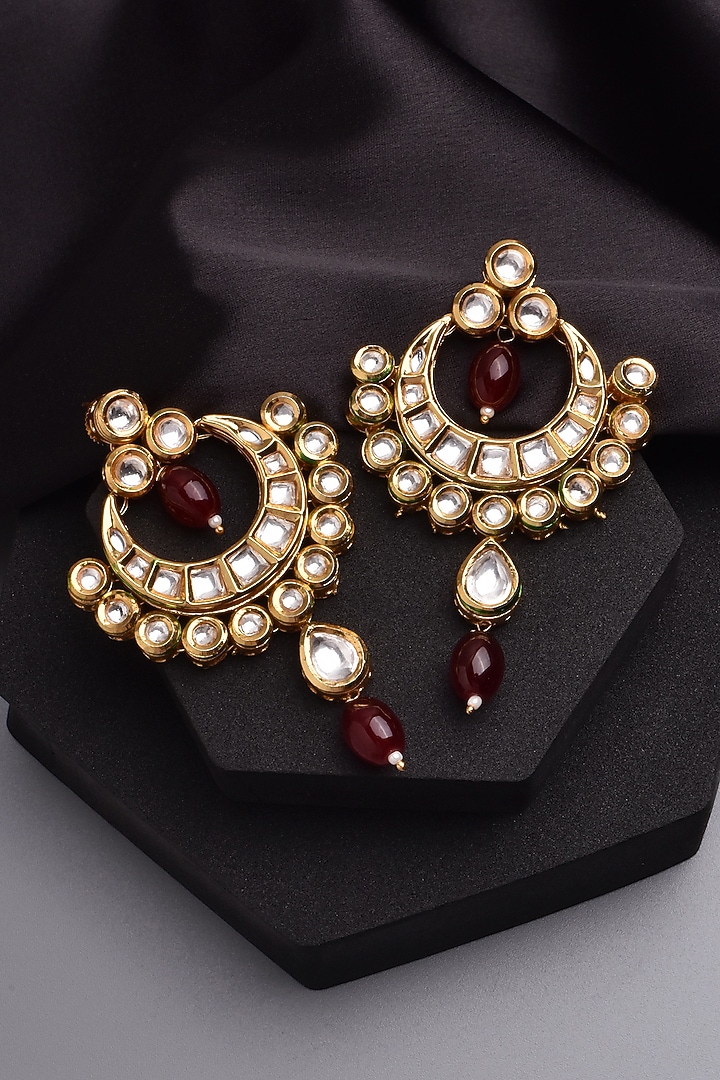 Gold Finish Kundan Polki & Red Stone Chandbali Earrings by Swabhimann Jewellery at Pernia's Pop Up Shop