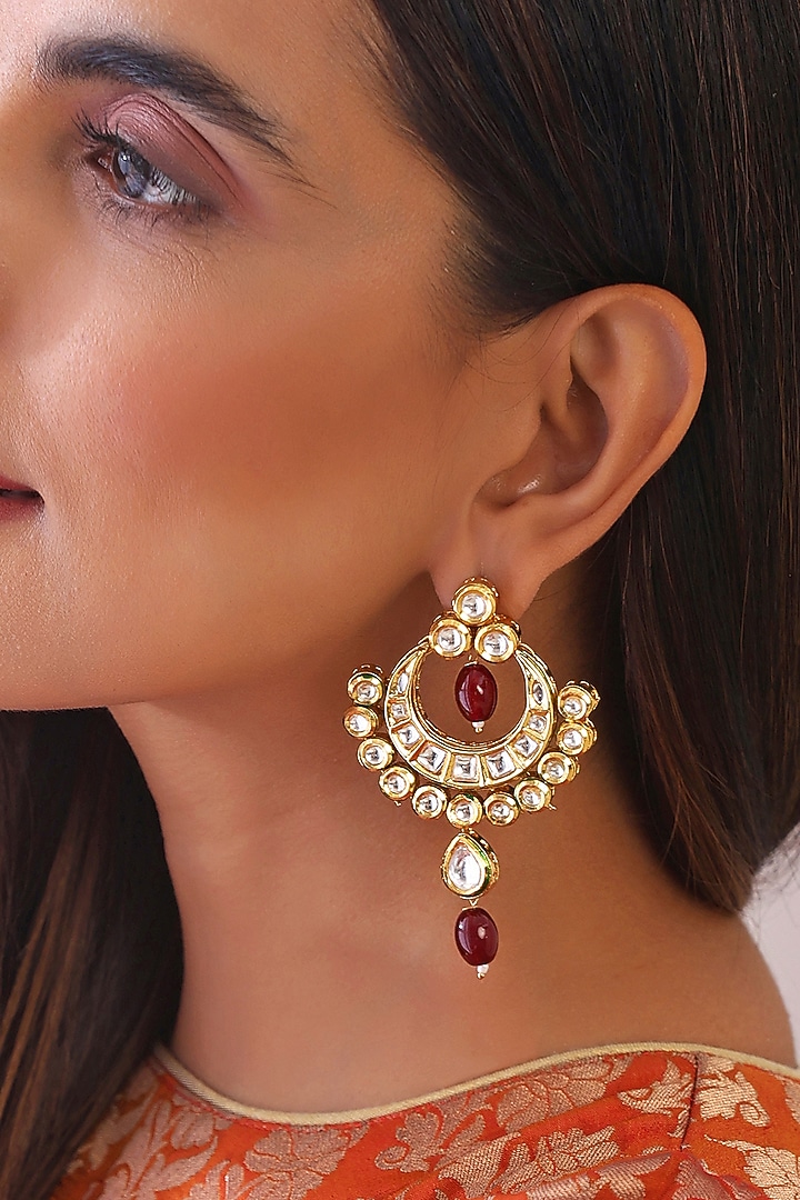 Gold Finish Kundan Polki & Red Stone Chandbali Earrings by Swabhimann Jewellery at Pernia's Pop Up Shop
