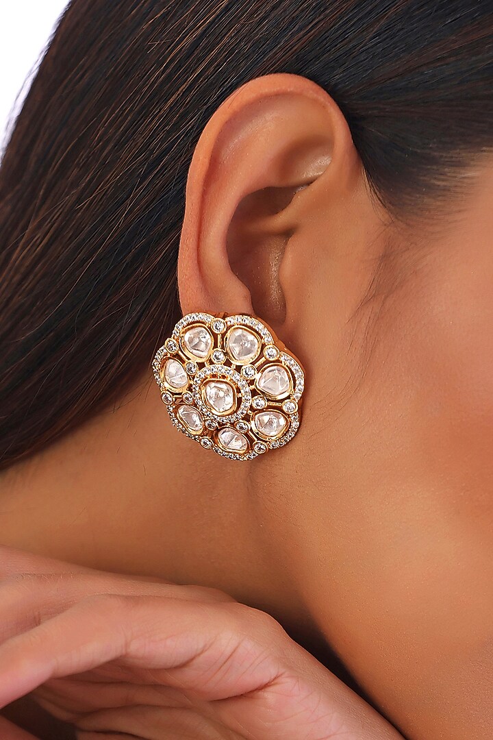 Rose Gold Finish Kundan Polki Stud Earrings by Swabhimann Jewellery at Pernia's Pop Up Shop
