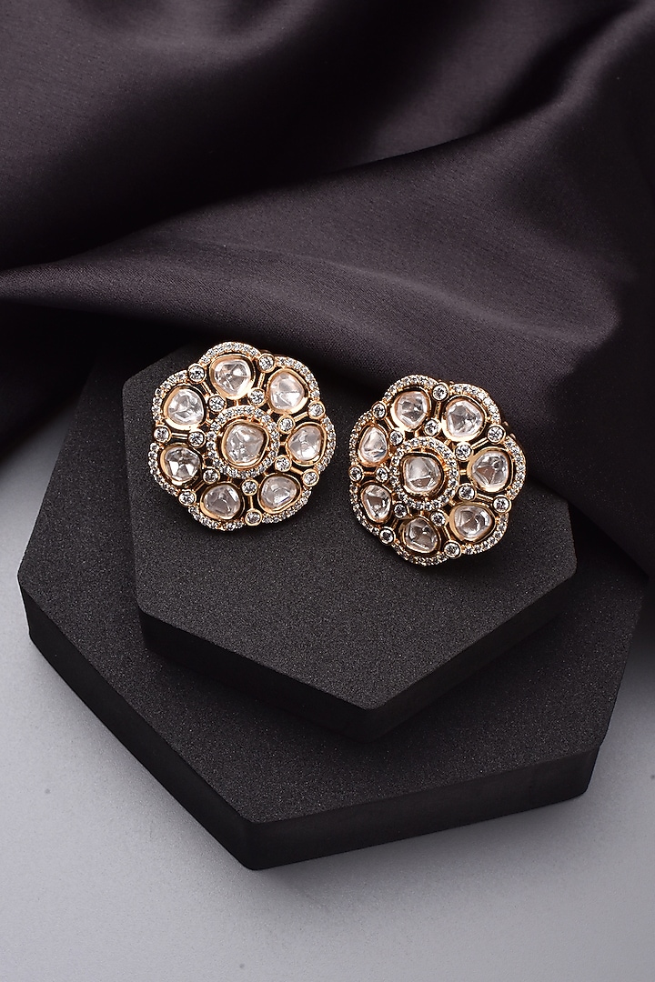 Rose Gold Finish Kundan Polki Stud Earrings by Swabhimann Jewellery at Pernia's Pop Up Shop