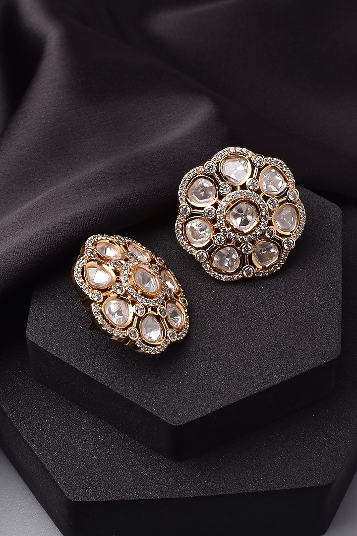 Rose Gold Finish Kundan Polki Stud Earrings by Swabhimann Jewellery at Pernia's Pop Up Shop