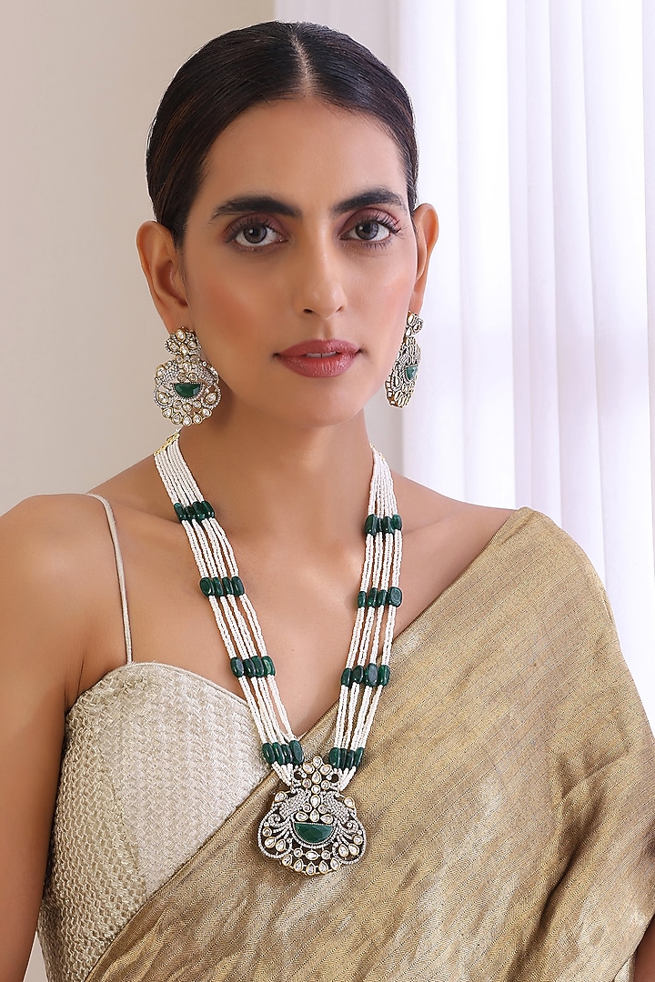 White Finish Kundan Polki & Green Stone Long Necklace Set by Swabhimann Jewellery at Pernia's Pop Up Shop