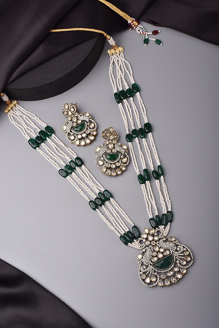 White Finish Kundan Polki & Green Stone Long Necklace Set by Swabhimann Jewellery at Pernia's Pop Up Shop