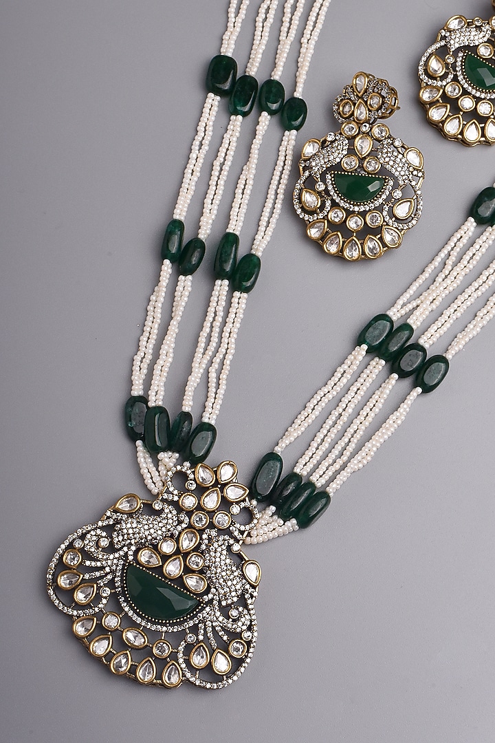 White Finish Kundan Polki & Green Stone Long Necklace Set by Swabhimann Jewellery at Pernia's Pop Up Shop