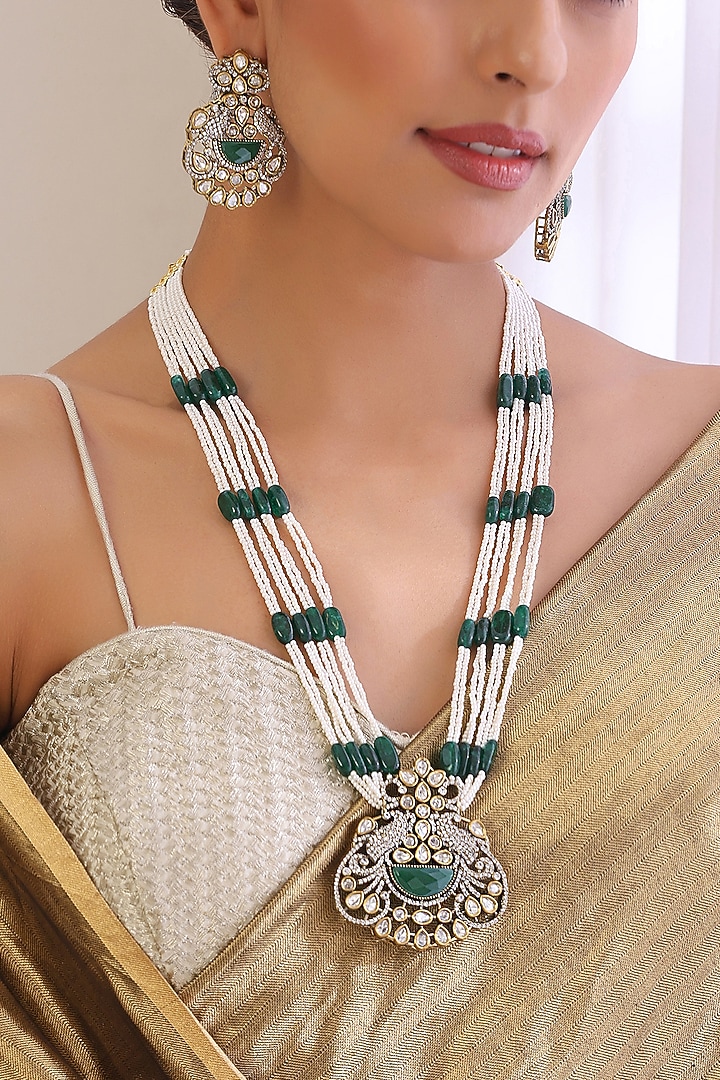 White Finish Kundan Polki & Green Stone Long Necklace Set by Swabhimann Jewellery at Pernia's Pop Up Shop