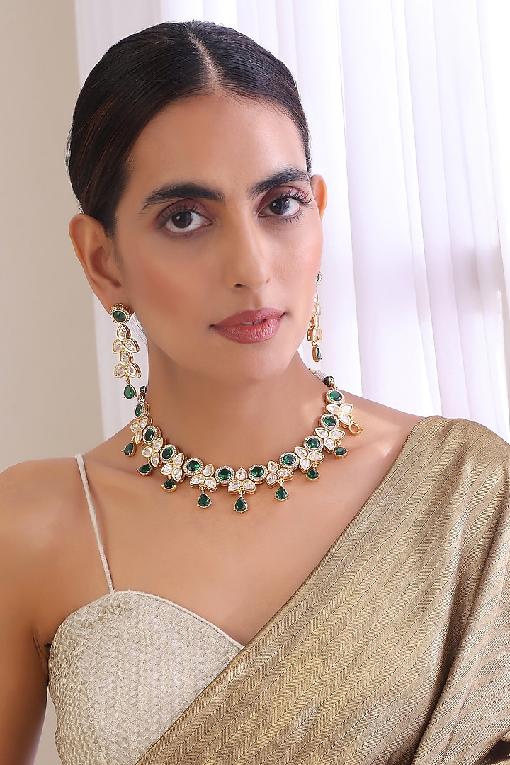 Gold Finish Kundan Polki & Emerald Necklace Set by Swabhimann Jewellery at Pernia's Pop Up Shop