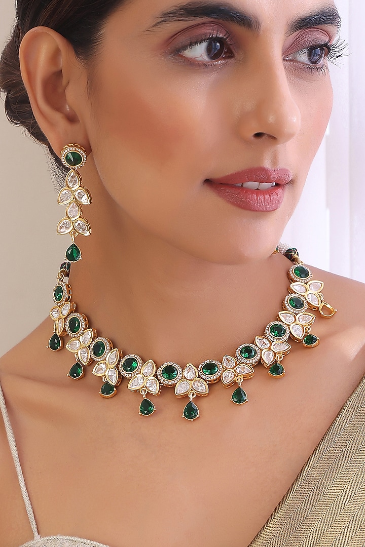 Gold Finish Kundan Polki & Emerald Necklace Set by Swabhimann Jewellery at Pernia's Pop Up Shop