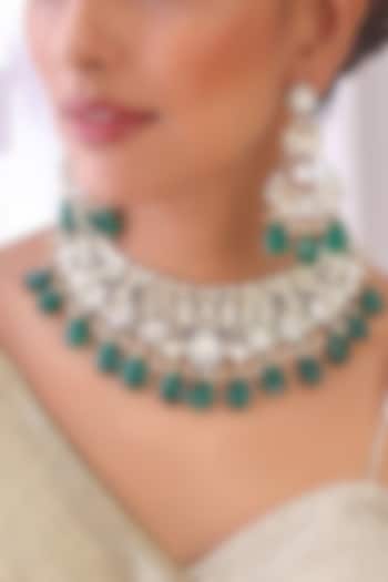 White Finish Kundan Polki & Green Stone Necklace Set by Swabhimann Jewellery at Pernia's Pop Up Shop
