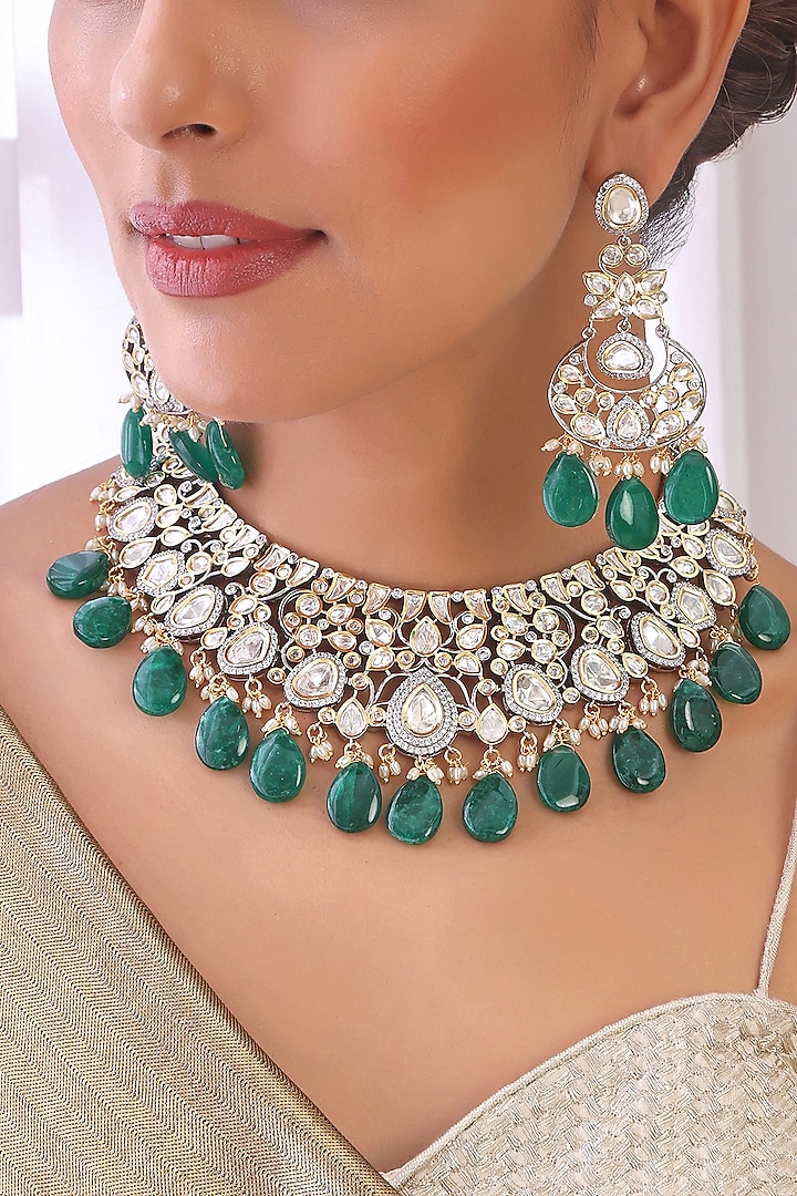 White Finish Kundan Polki & Green Stone Necklace Set by Swabhimann Jewellery at Pernia's Pop Up Shop