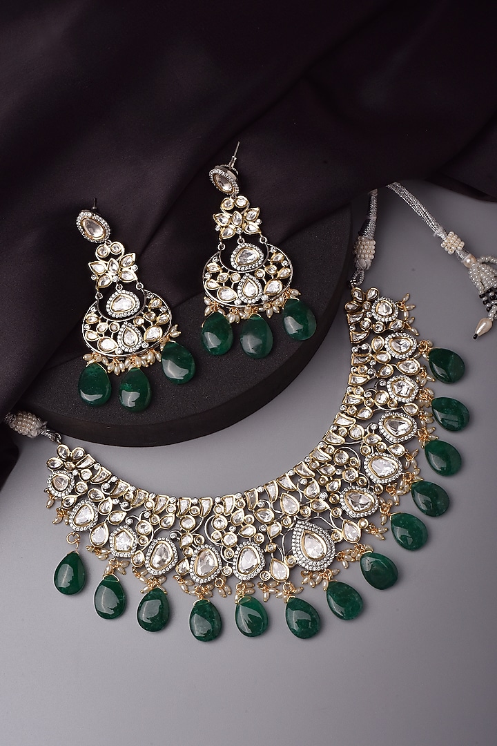 White Finish Kundan Polki & Green Stone Necklace Set by Swabhimann Jewellery at Pernia's Pop Up Shop