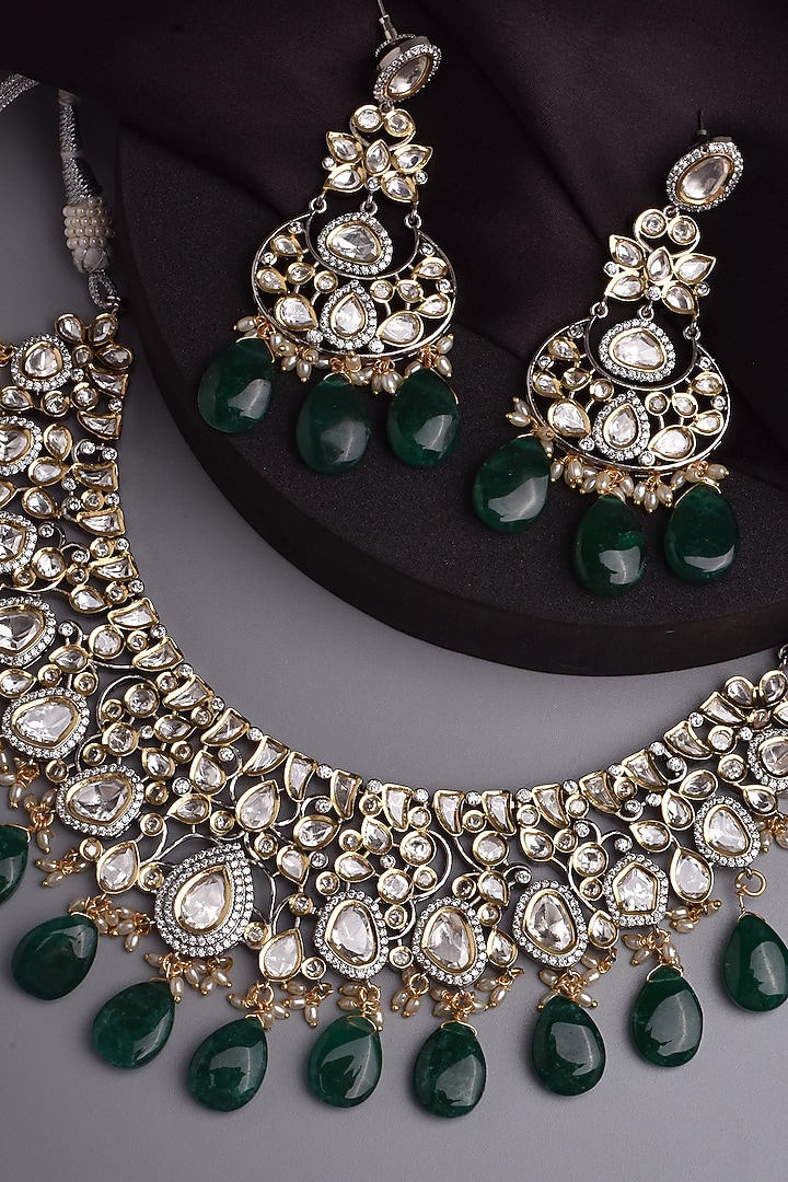 White Finish Kundan Polki & Green Stone Necklace Set by Swabhimann Jewellery at Pernia's Pop Up Shop