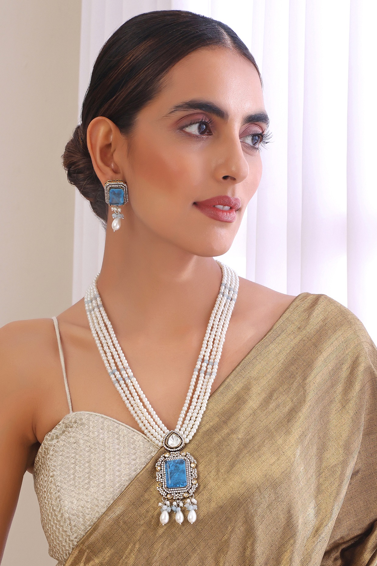 White Finish Victorian Polki & Blue Stone Long Necklace Set Design by  Swabhimann Jewellery at Pernia's Pop Up Shop 2024