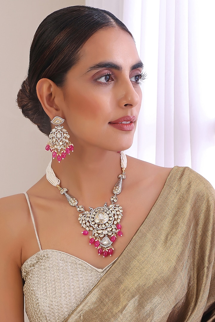 White Finish Kundan Polki & Red Stone Long Necklace Set by Swabhimann Jewellery at Pernia's Pop Up Shop