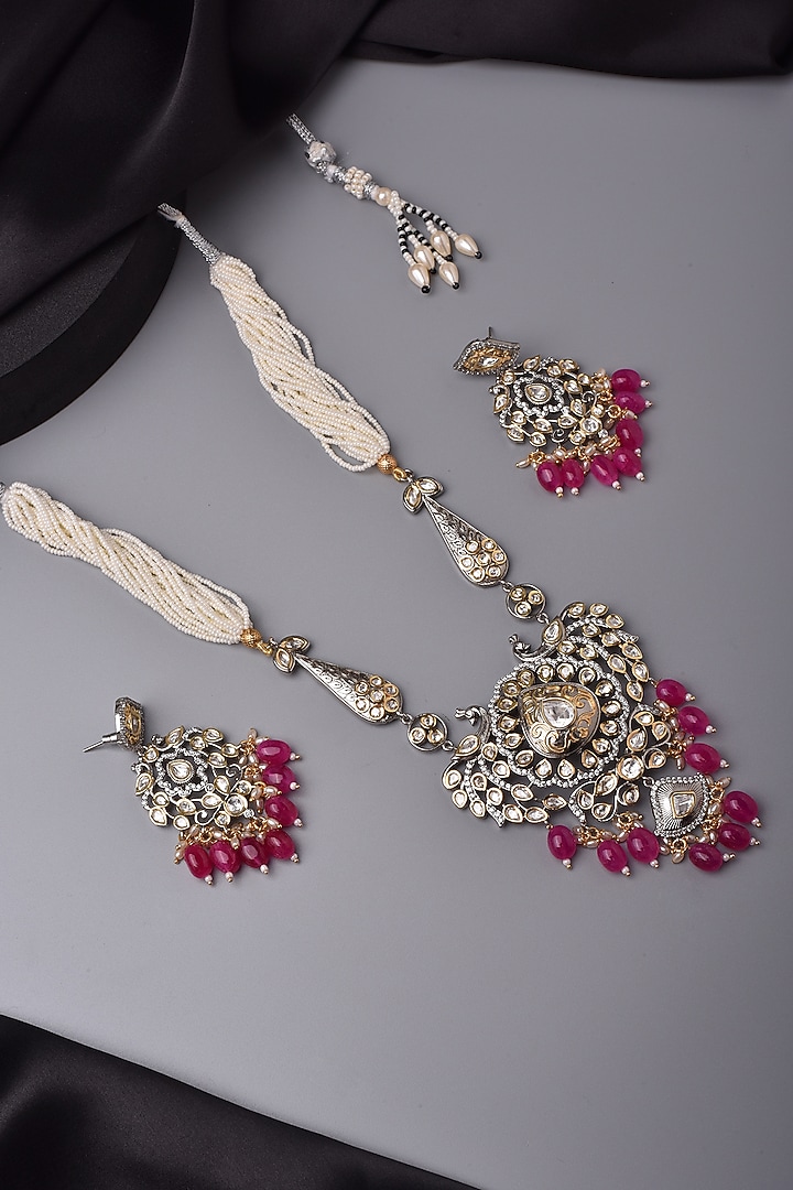 White Finish Kundan Polki & Red Stone Long Necklace Set by Swabhimann Jewellery at Pernia's Pop Up Shop