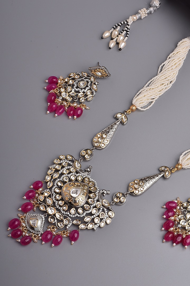 White Finish Kundan Polki & Red Stone Long Necklace Set by Swabhimann Jewellery at Pernia's Pop Up Shop