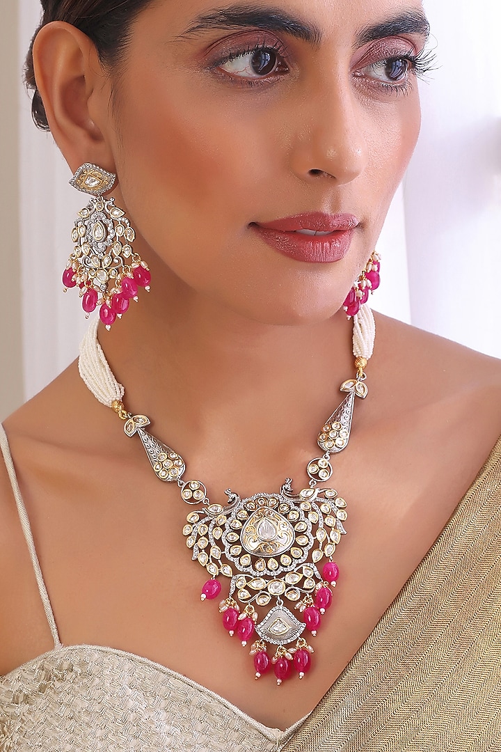 White Finish Kundan Polki & Red Stone Long Necklace Set by Swabhimann Jewellery at Pernia's Pop Up Shop
