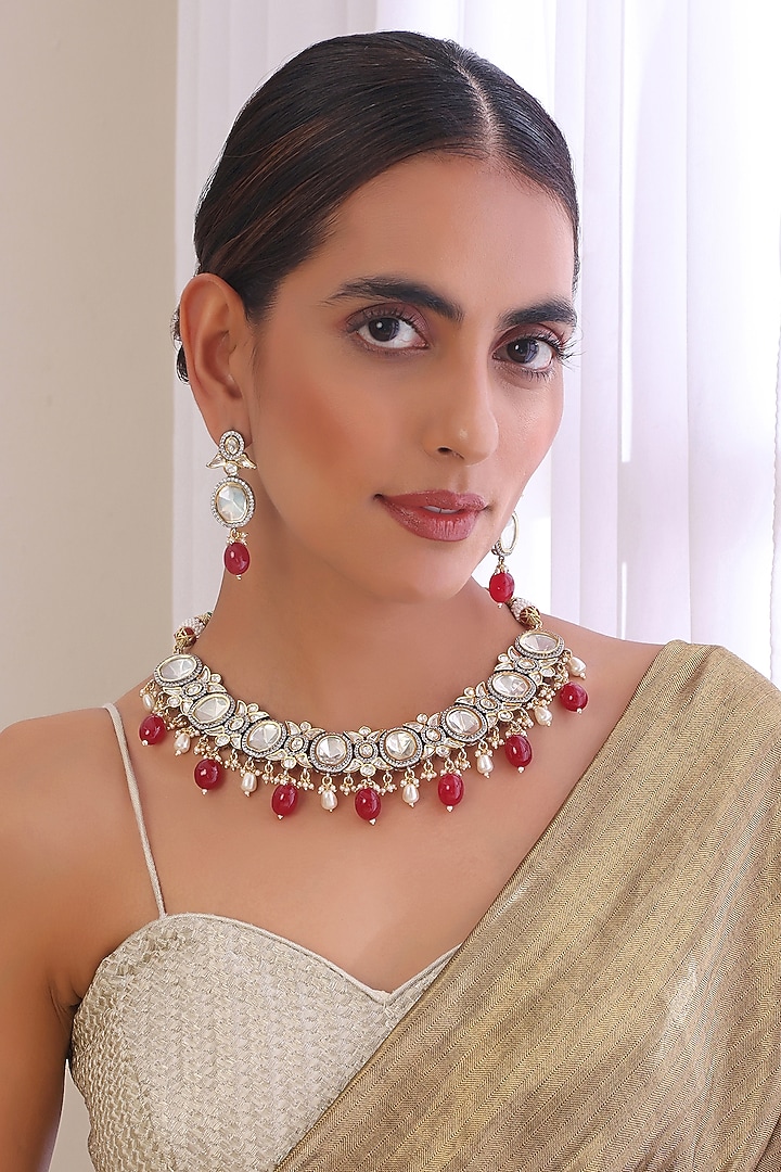 Two Tone Finish Kundan Polki & Red Stone Choker Necklace Set by Swabhimann Jewellery at Pernia's Pop Up Shop
